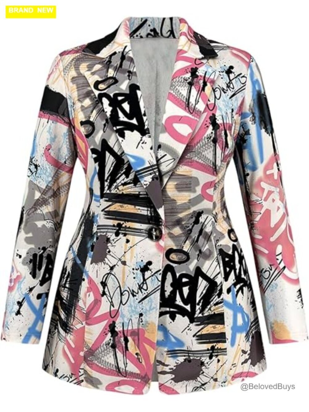 Plus Size Lapel Collar Open Front Graffiti Graphic Button Blazer Jacket